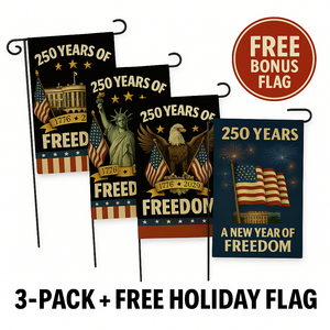 250 Years of Freedom – 4-Flag Garden Set (3-Pack + Free Holiday Flag) | 1776-2026 Patriotic Yard Flags