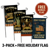 250 Years of Freedom – 4-Flag Garden Set (3-Pack + Free Holiday Flag) | 1776-2026 Patriotic Yard Flags