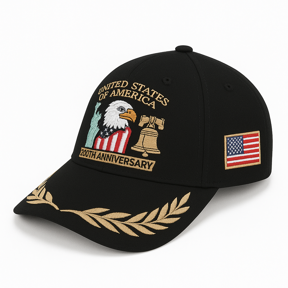 (Exclusive) United States of America 250th Anniversary Embroidered Cap — Black Patriotic Hat (1776–2026)