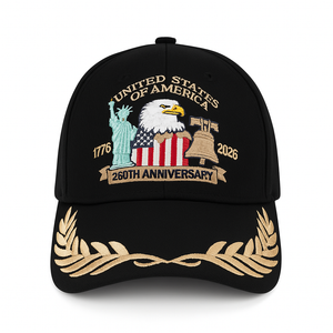 (Exclusive) United States of America 250th Anniversary Embroidered Cap — Black Patriotic Hat (1776–2026)