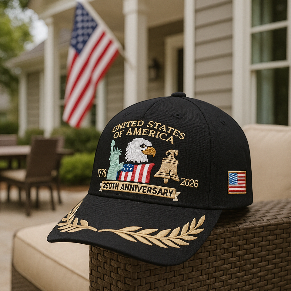 (Exclusive) United States of America 250th Anniversary Embroidered Cap — Black Patriotic Hat (1776–2026)