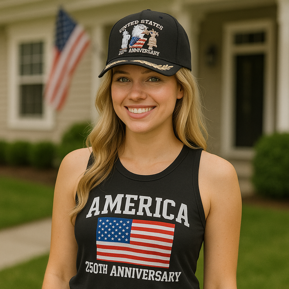 (Exclusive) United States of America 250th Anniversary Embroidered Cap — Black Patriotic Hat (1776–2026)