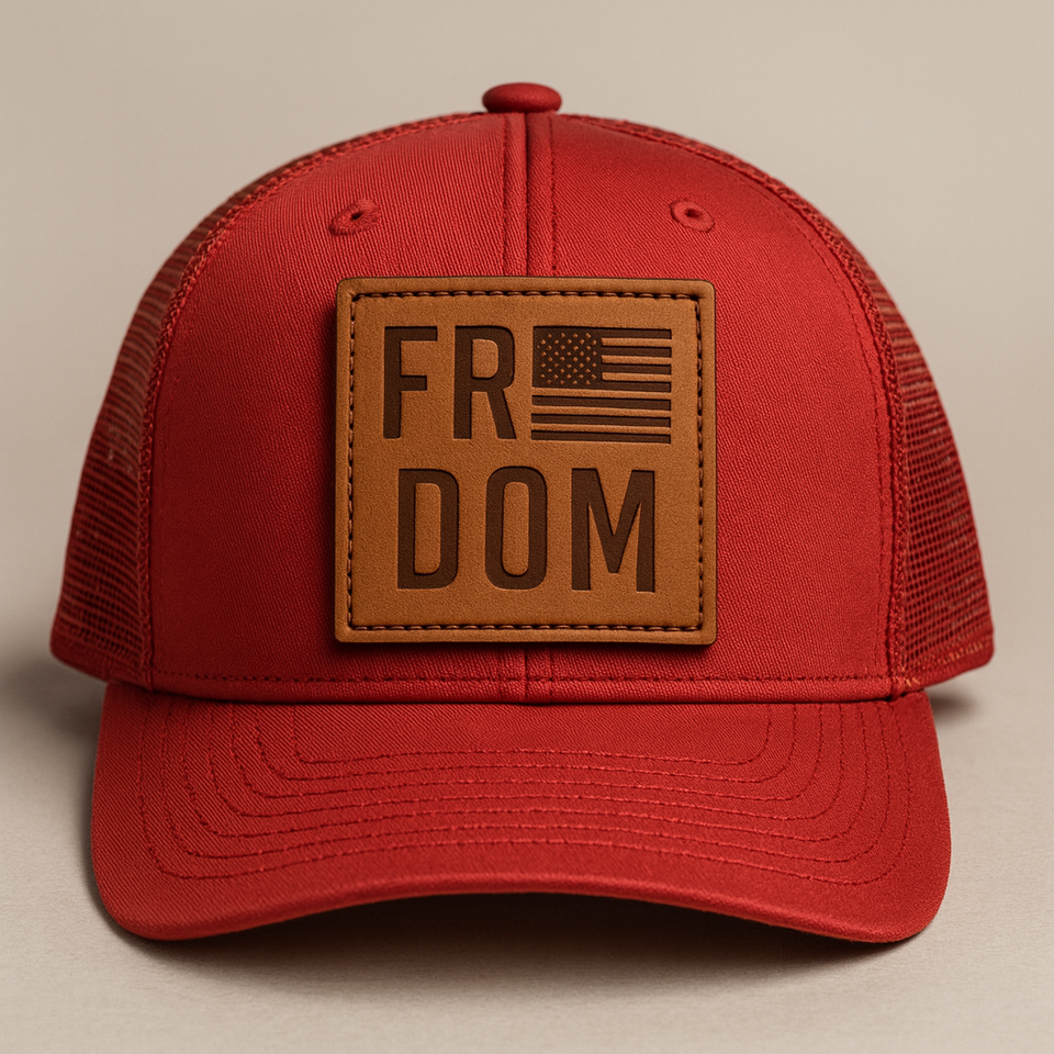 RED Freedom Hat —  Leather Patch, Mesh Snapback Hat