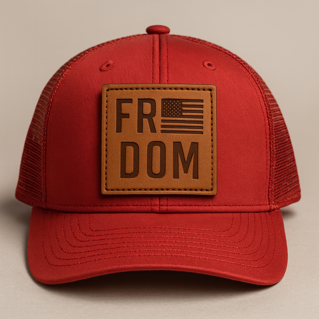 RED Freedom Hat —  Leather Patch, Mesh Snapback Hat