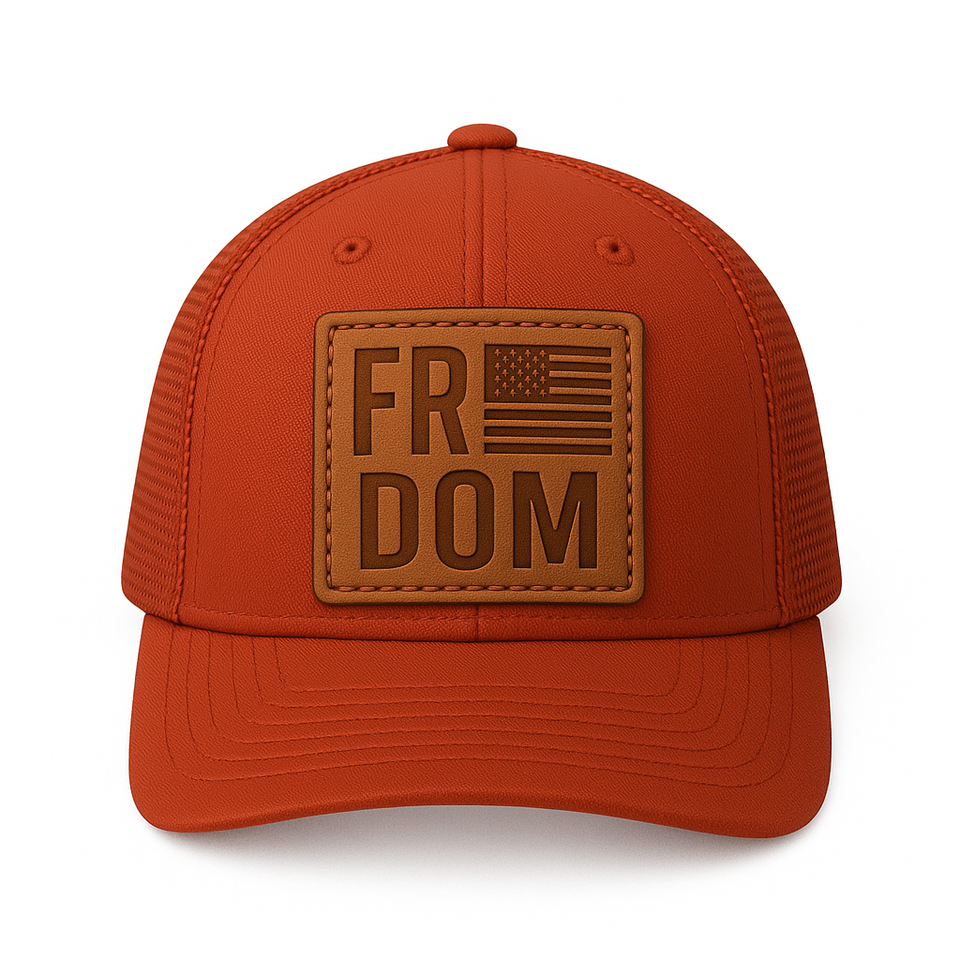 RED Freedom Hat —  Leather Patch, Mesh Snapback Hat