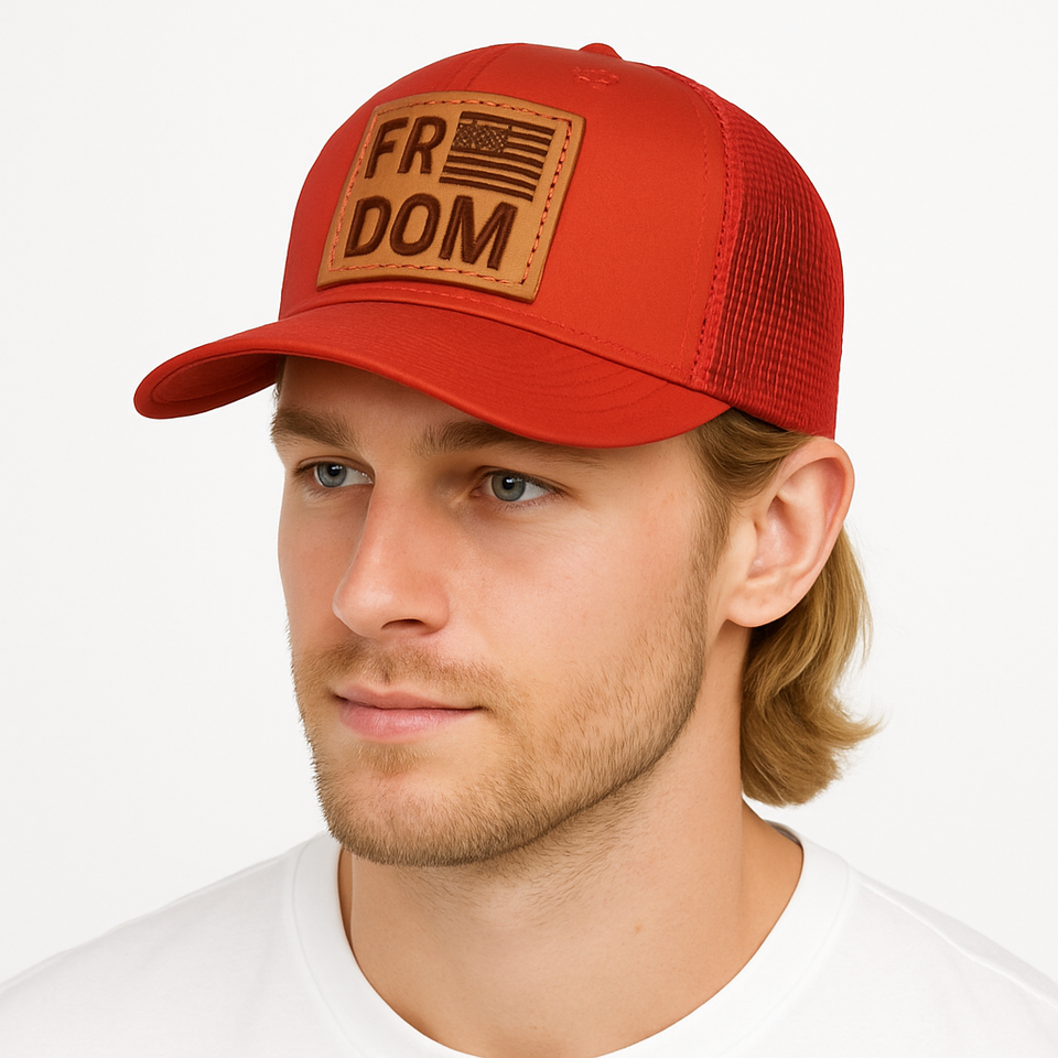 RED Freedom Hat —  Leather Patch, Mesh Snapback Hat