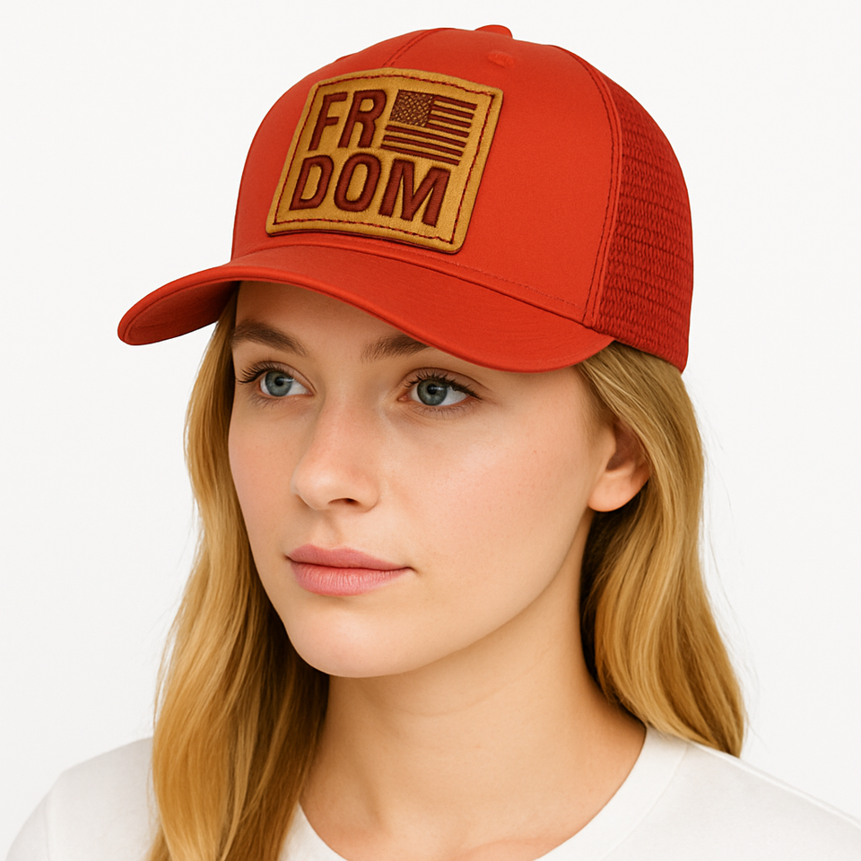 RED Freedom Hat —  Leather Patch, Mesh Snapback Hat
