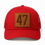Red Mesh “47” Leather Patch Trucker Hat — Presidential Edition
