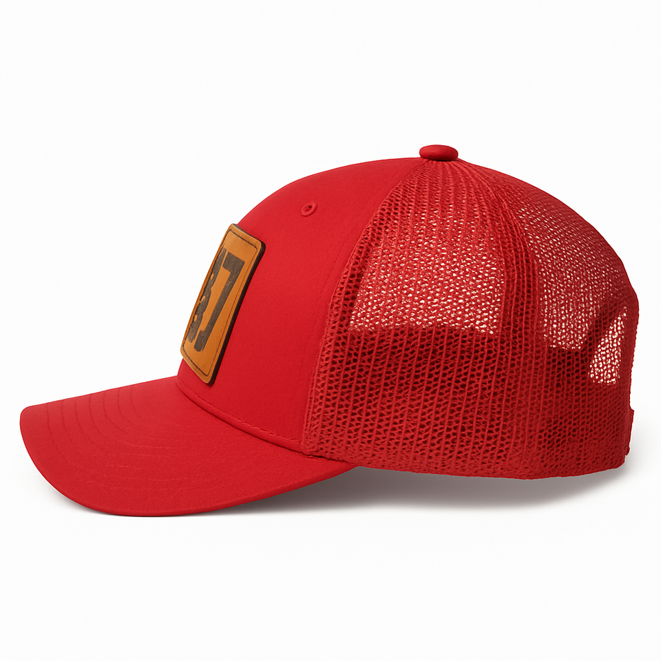 Red Mesh “47” Leather Patch Trucker Hat — Presidential Edition
