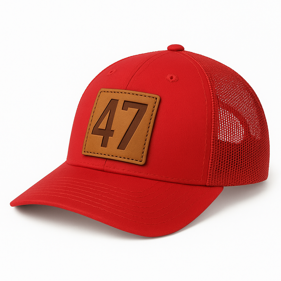 Red Mesh “47” Leather Patch Trucker Hat — Presidential Edition