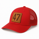 Red Mesh “47” Leather Patch Trucker Hat — Presidential Edition