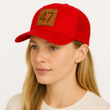 Red Mesh “47” Leather Patch Trucker Hat — Presidential Edition