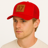 Red Mesh “47” Leather Patch Trucker Hat — Presidential Edition