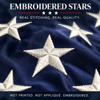 Close-up of white embroidered stars on a navy nylon American flag canton