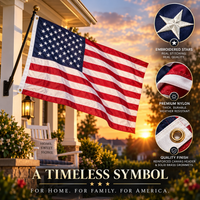 3x5 American flag flying from a front porch bracket at sunset – embroidered stars, premium nylon, brass grommets