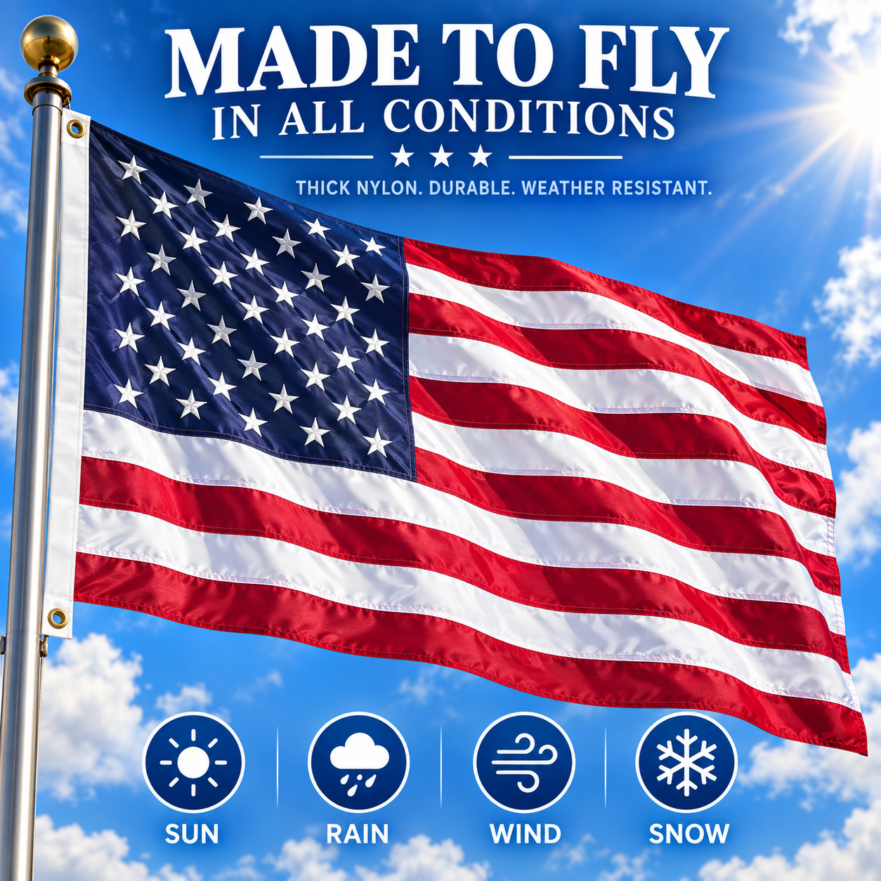 Outdoor American flag on a flagpole – made to fly in sun, rain, wind and snow