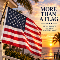 US flag with embroidered stars flying on a porch at an ocean sunset with palm trees
