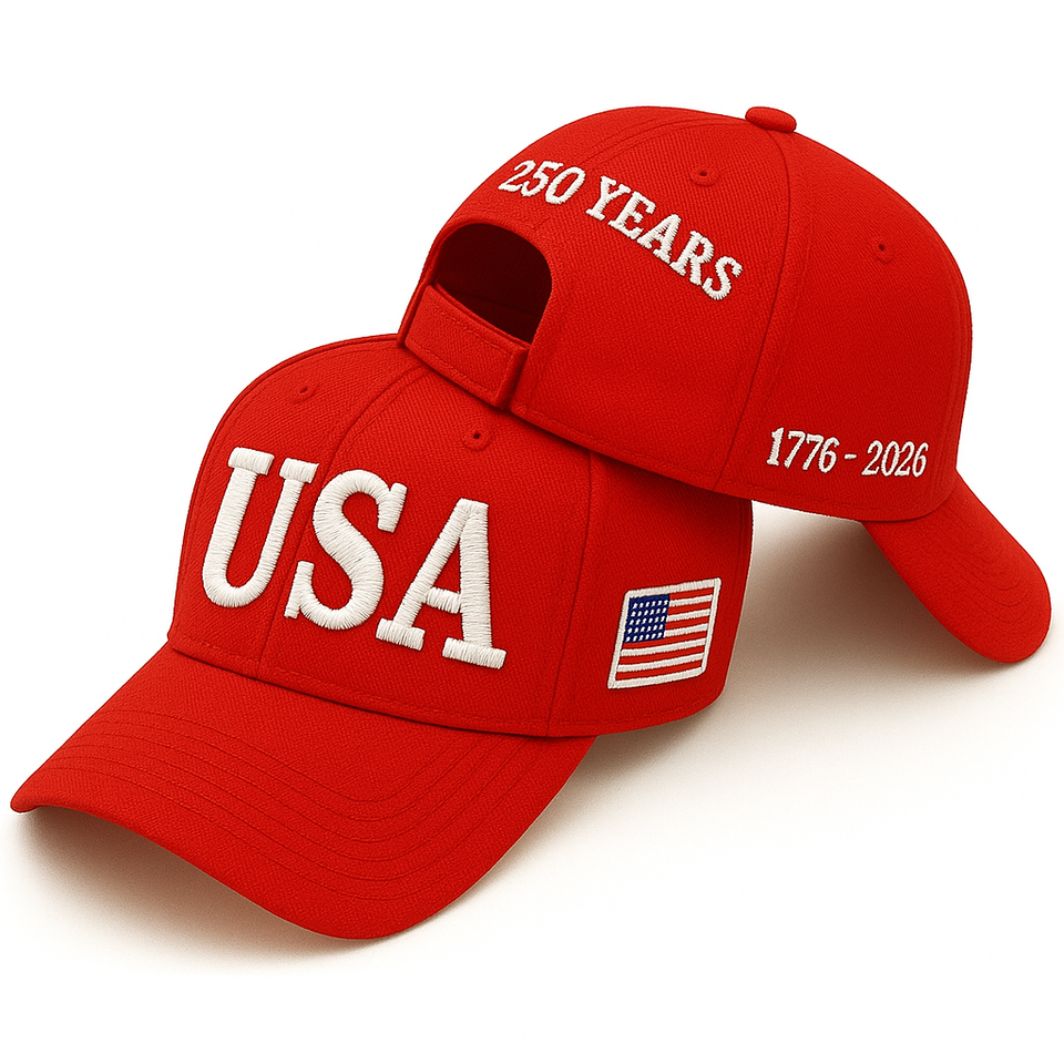 RED USA 250th Anniversary Hat (1776–2026) — Red Embroidered Cap