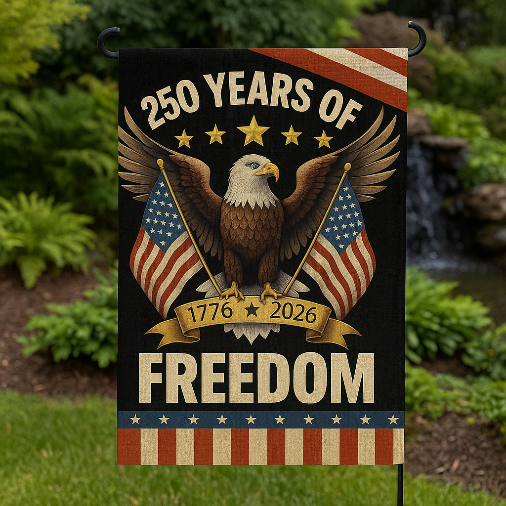 250 Years of Freedom – 4-Flag Garden Set (3-Pack + Free Holiday Flag) | 1776-2026 Patriotic Yard Flags