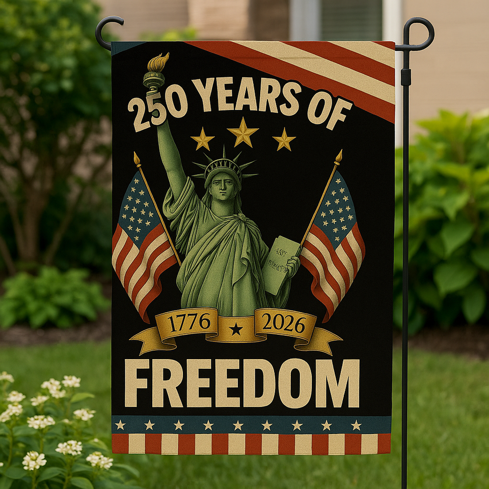 250 Years of Freedom – 4-Flag Garden Set (3-Pack + Free Holiday Flag) | 1776-2026 Patriotic Yard Flags