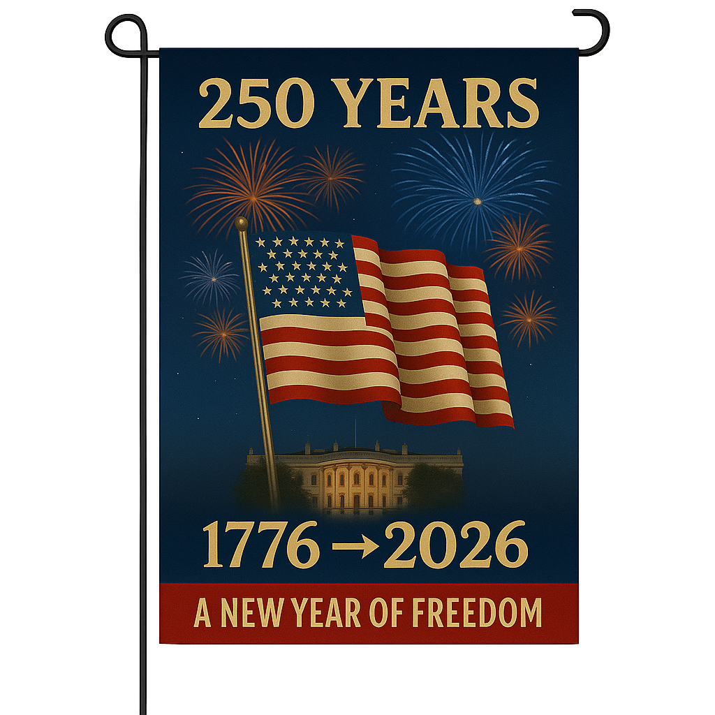 250 Years of Freedom – 4-Flag Garden Set (3-Pack + Free Holiday Flag) | 1776-2026 Patriotic Yard Flags