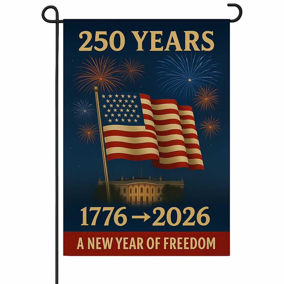 250 Years of Freedom – 4-Flag Garden Set (3-Pack + Free Holiday Flag) | 1776-2026 Patriotic Yard Flags