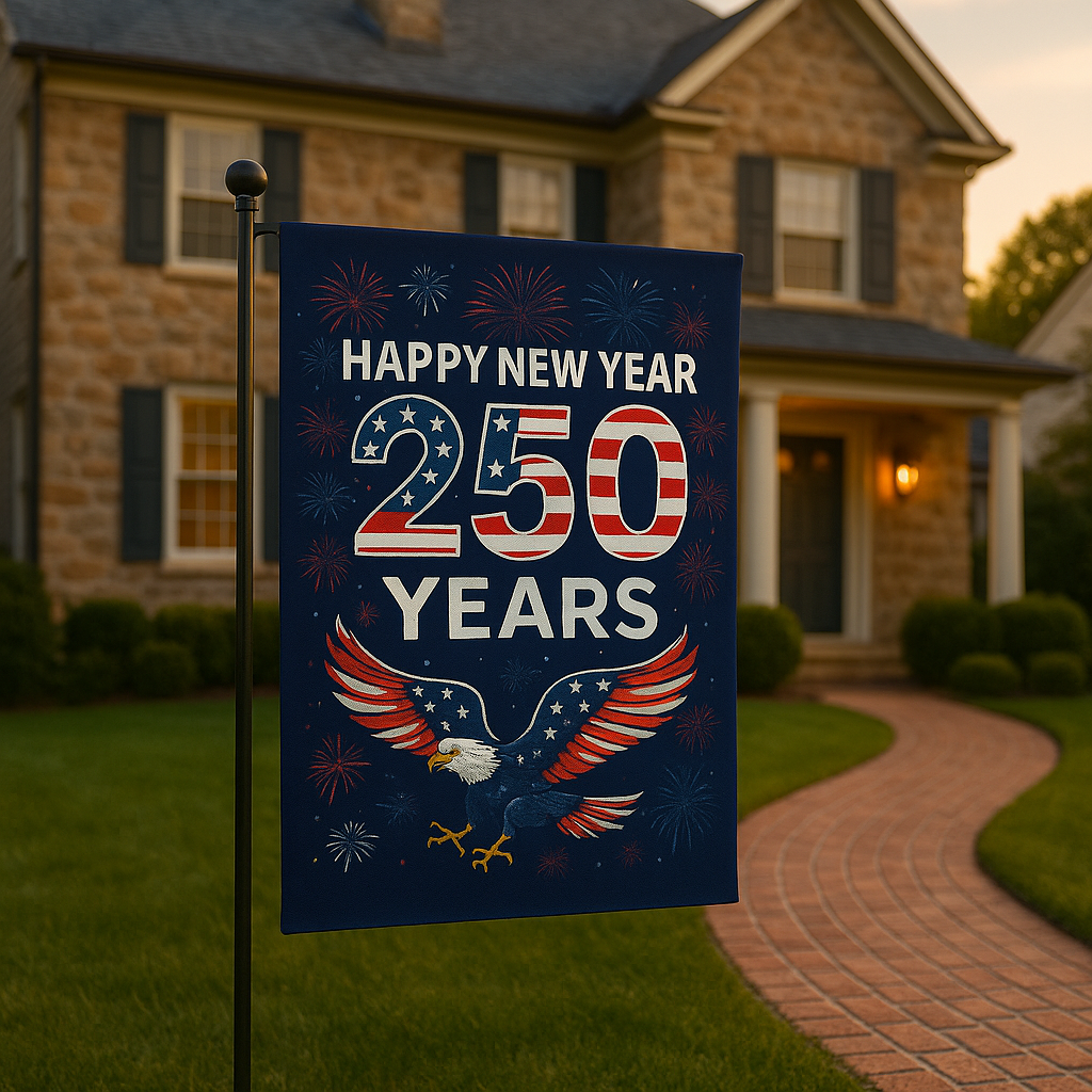USA 250 Years Yard Flags (2-Pack) — 1776 to 2026 Patriotic Eagle + Happy New Year