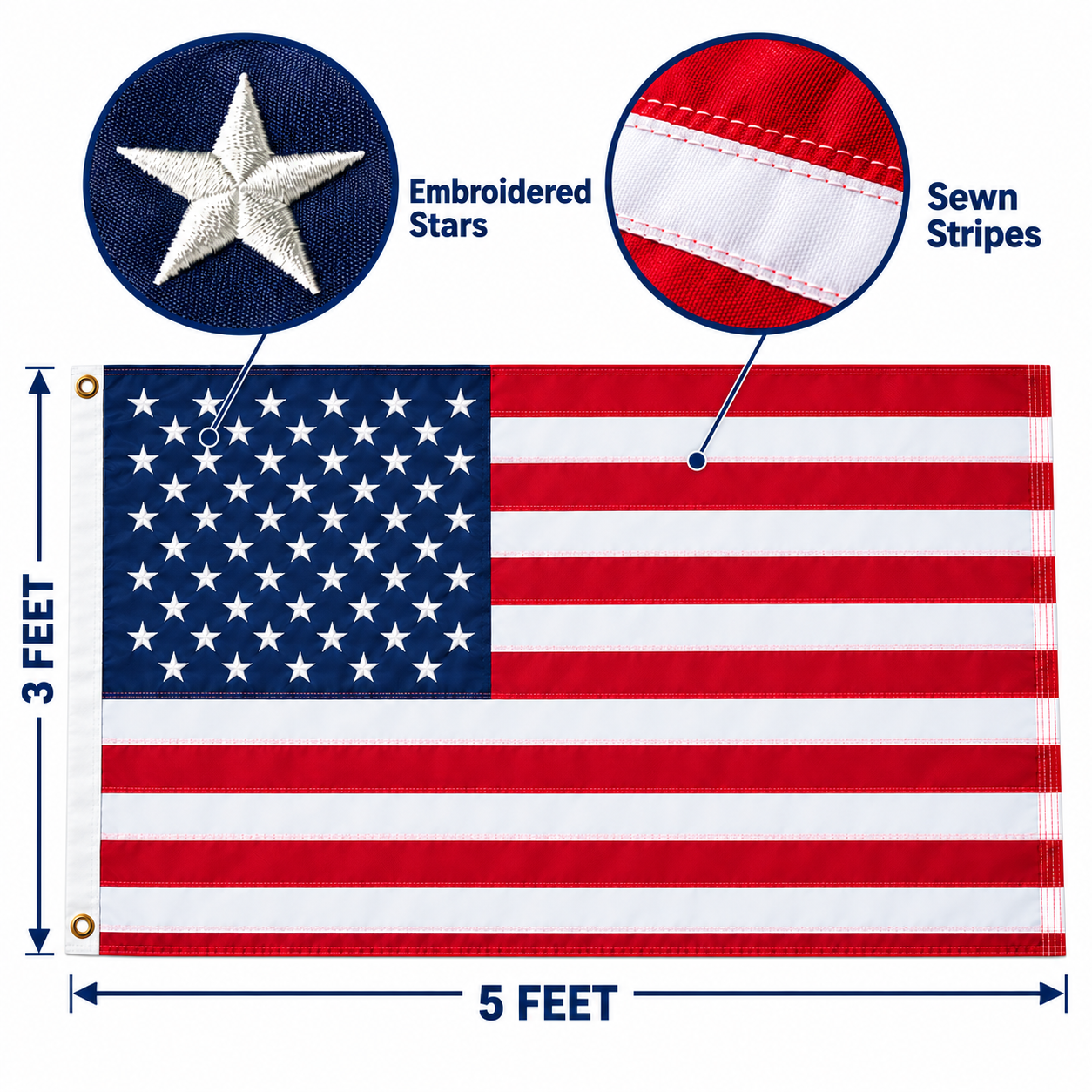 3x5 American Flag – Heavy-Duty Nylon US Flag with Embroidered Stars, Sewn Stripes & Brass Grommets | Outdoor All-Weather