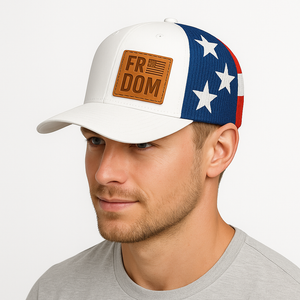 Freedom Hat — White Front, Leather Patch, USA Flag Mesh Snapback Hat