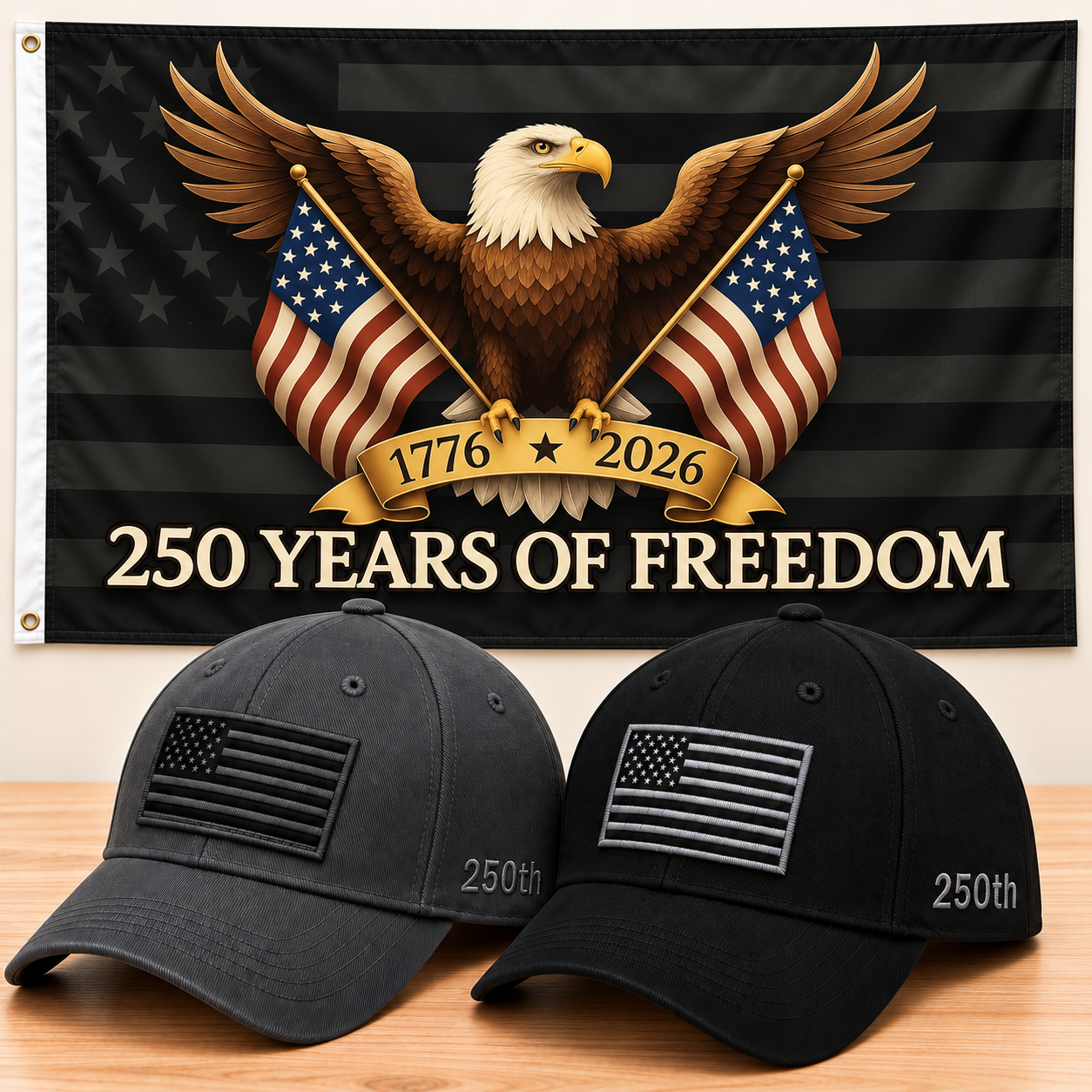 America 250th Flag Cap gift set: Gray & Black hats with 3x5 Black Eagle 250 Years of Freedom Flag