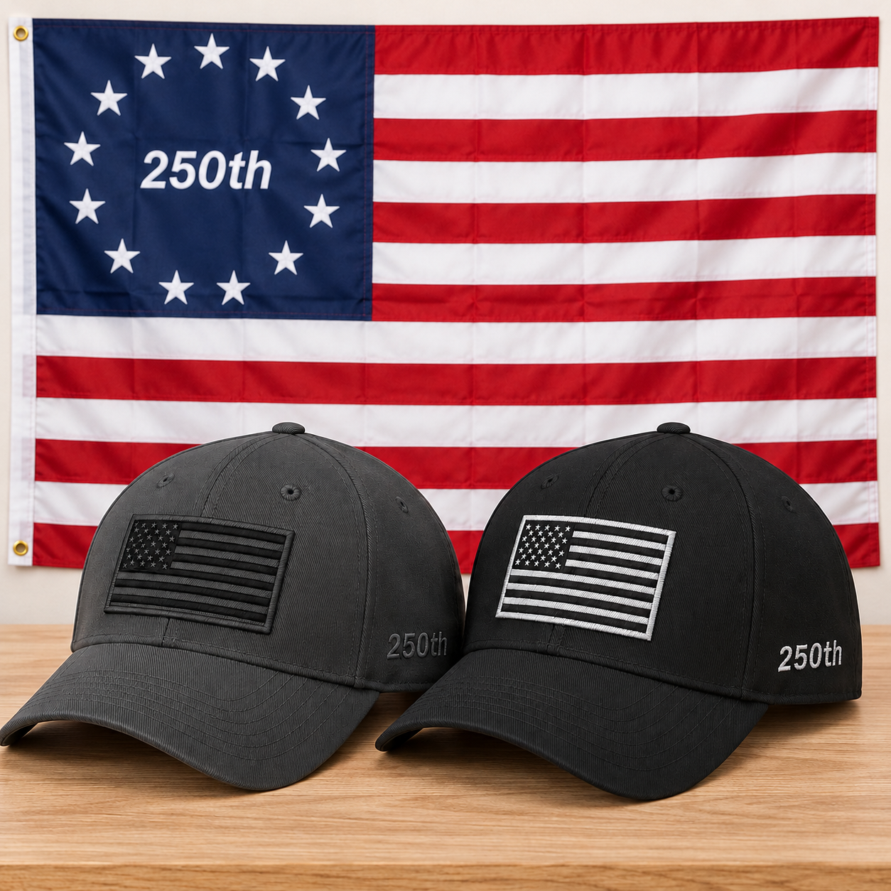 America 250th Flag Cap gift set: Gray & Black hats with 3x5 Betsy Ross 250th Flag