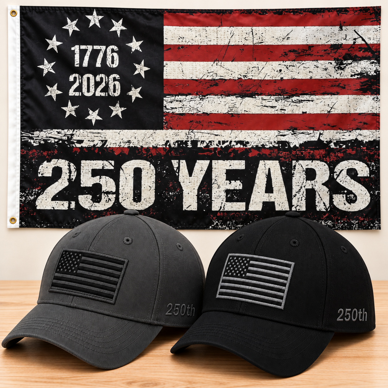 America 250th Flag Cap gift set: Gray & Black hats with 3x5 250 Years Distressed Flag