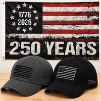 America 250th Flag Cap gift set: Gray & Black hats with 3x5 250 Years Distressed Flag