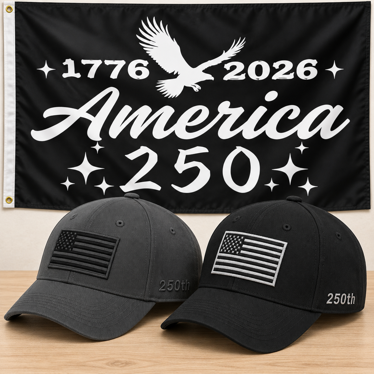 America 250th Flag Cap gift set: Gray & Black hats with 3x5 America 250 Script Flag
