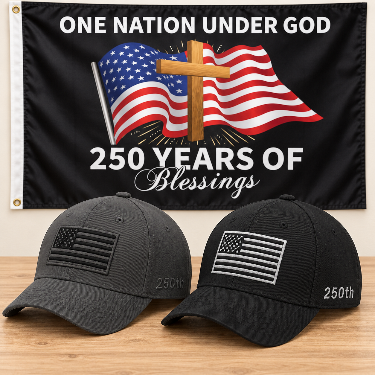 America 250th Flag Cap gift set: Gray & Black hats with 3x5 One Nation Under God Flag