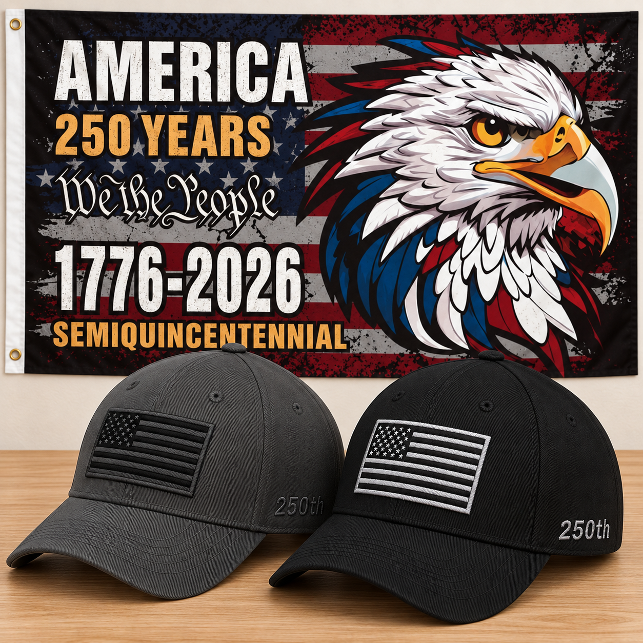 America 250th Flag Cap gift set: Gray & Black hats with 3x5 Semiquincentennial Eagle Flag