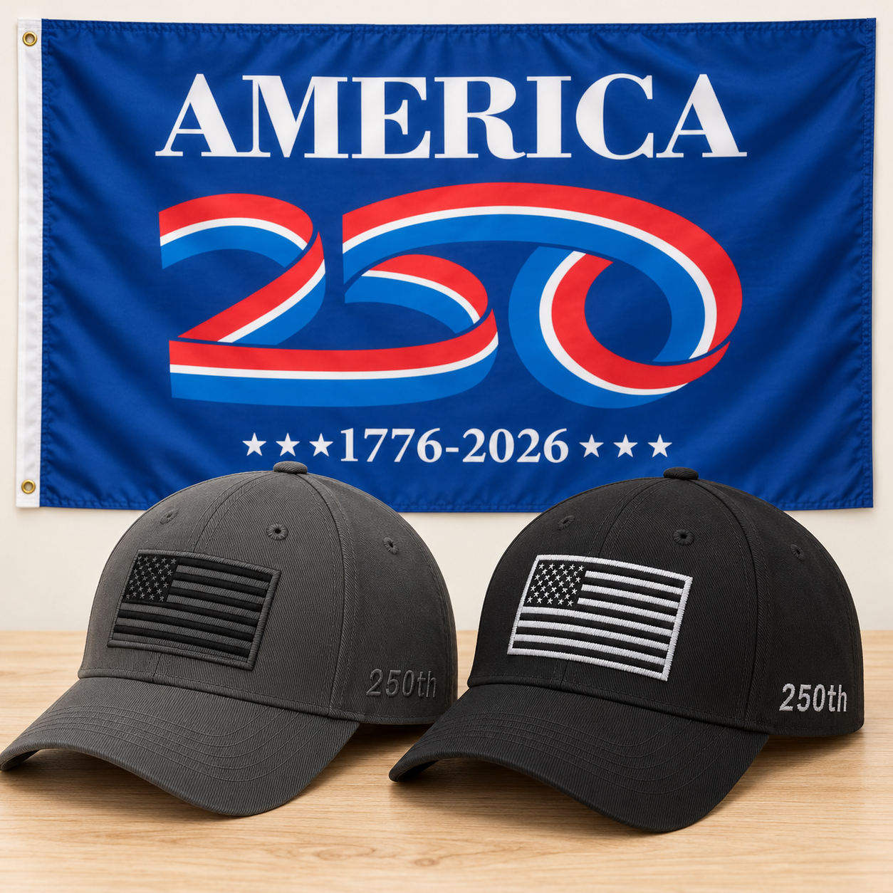 America 250th Flag Cap gift set: Gray & Black hats with 3x5 America 250 Flag (Blue)
