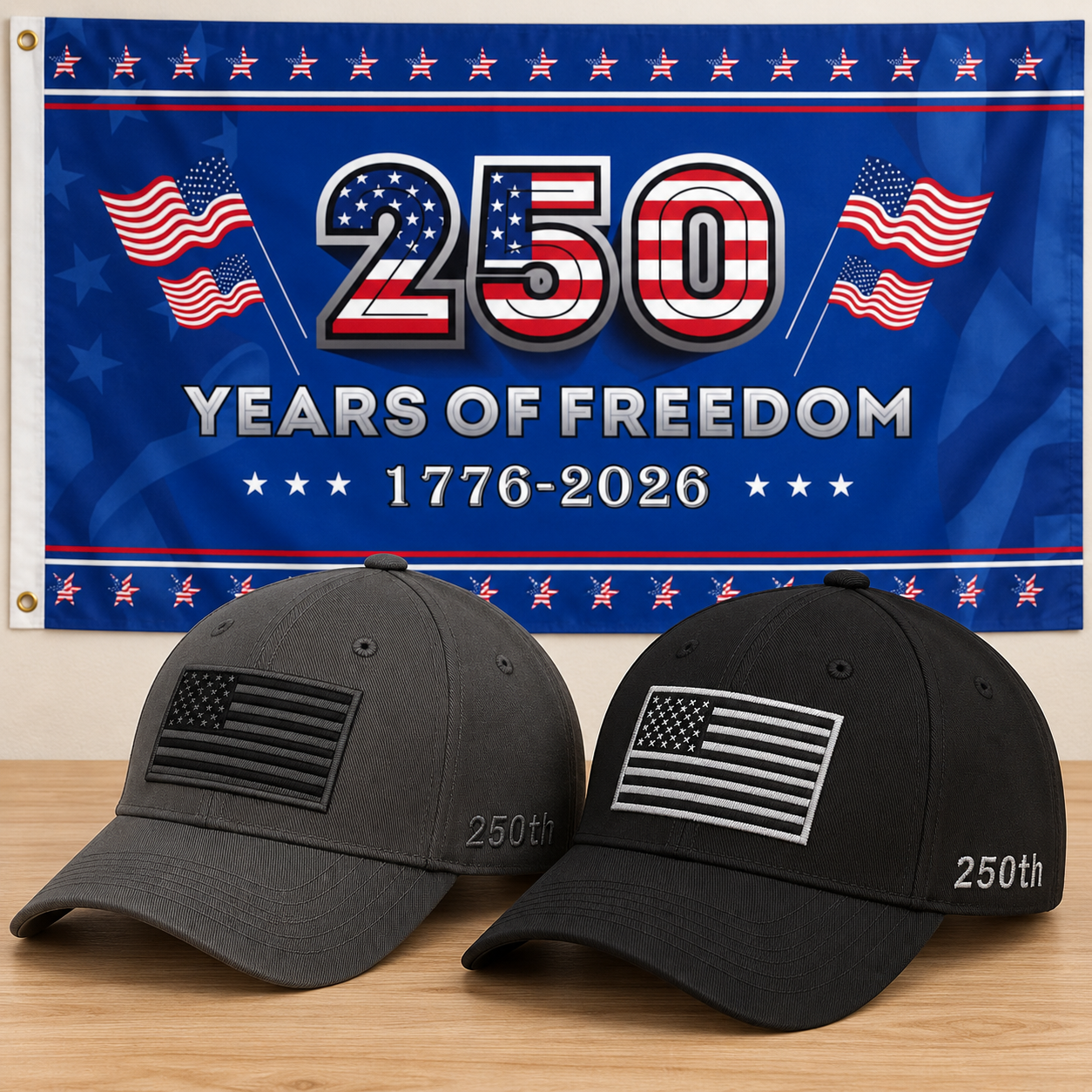 America 250th Flag Cap gift set: Gray & Black hats with 3x5 250 Years of Freedom Flag (Blue)