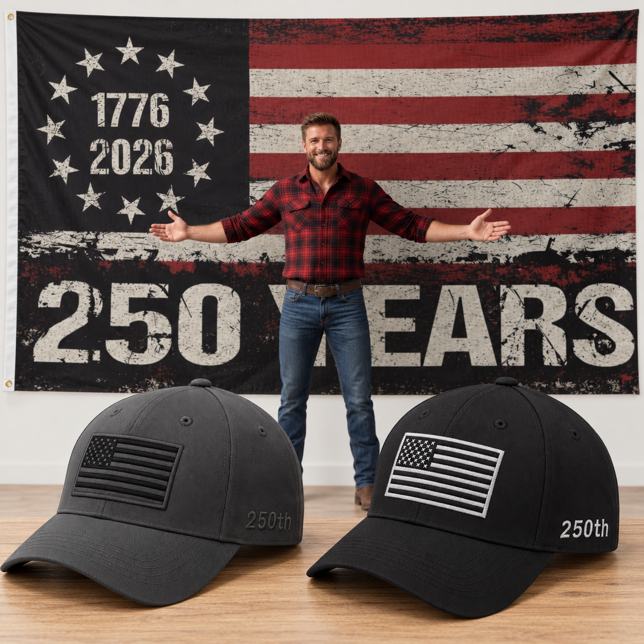 America 250th Flag Cap gift set: Gray & Black hats with HUGE 6x10 250 Years Distressed Flag