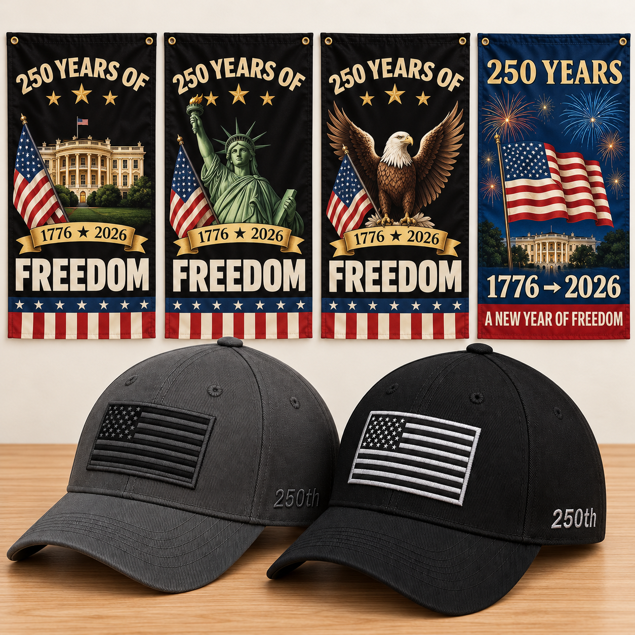 America 250th Flag Cap gift set: Gray & Black hats with 4 Garden Flags (250 Years of Freedom Set)