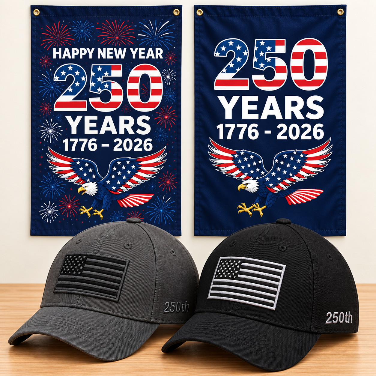 America 250th Flag Cap gift set: Gray & Black hats with 2 Garden Flags (250 Years Set)