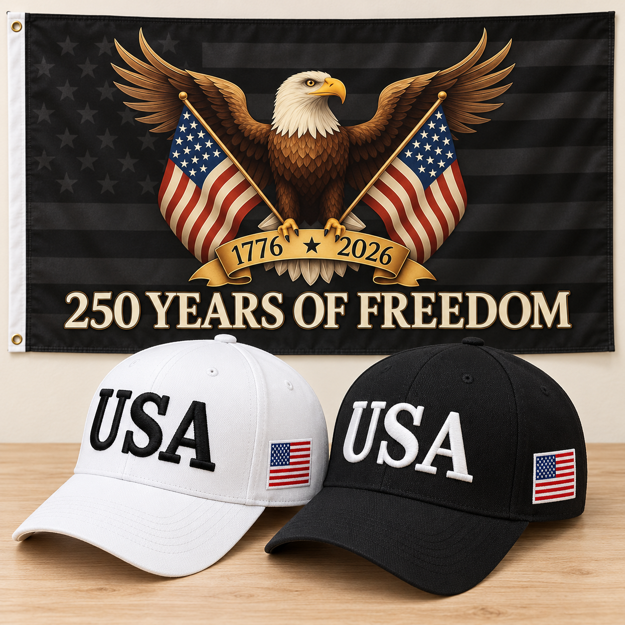 USA 250th Anniversary Cap gift set: White & Black hats with 3x5 Black Eagle 250 Years of Freedom Flag