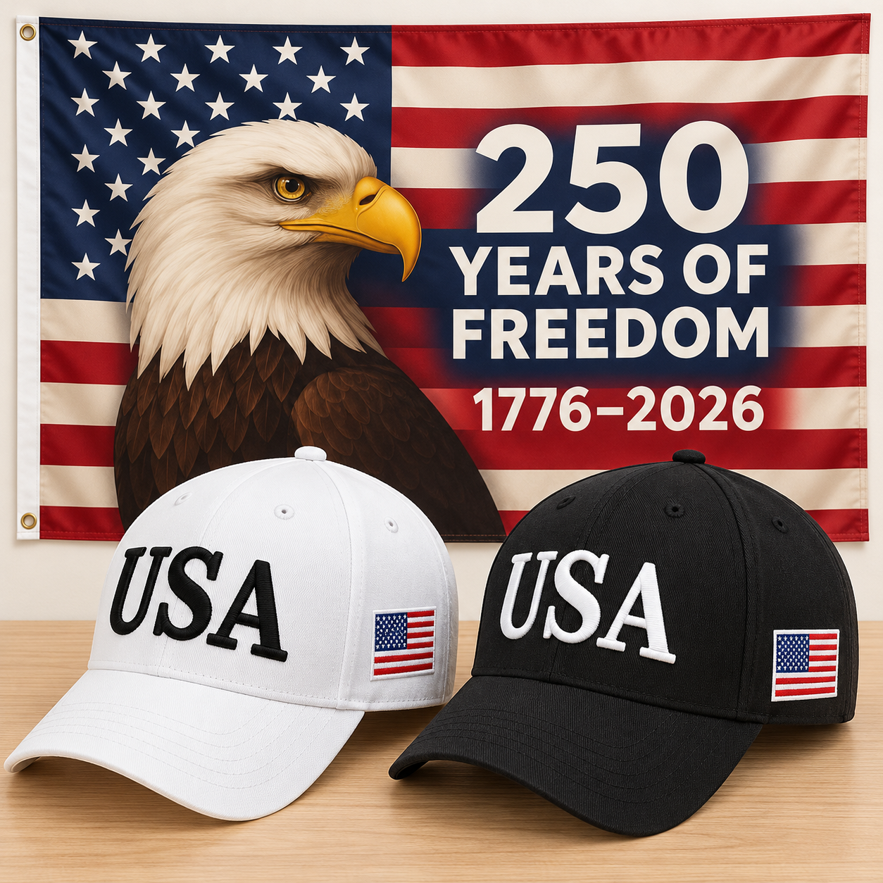 USA 250th Anniversary Cap gift set: White & Black hats with 3x5 Eagle 250 Years of Freedom Flag