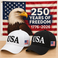 USA 250th Anniversary Cap gift set: White & Black hats with 3x5 Eagle 250 Years of Freedom Flag