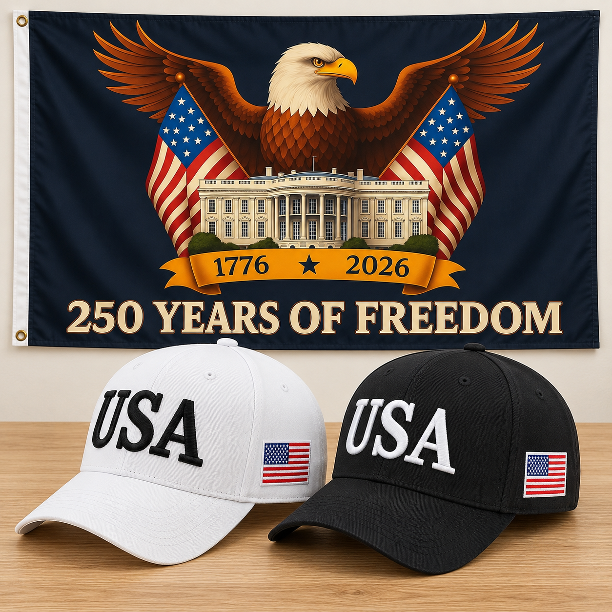 USA 250th Anniversary Cap gift set: White & Black hats with 3x5 Eagle & White House Flag