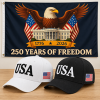 USA 250th Anniversary Cap gift set: White & Black hats with 3x5 Eagle & White House Flag