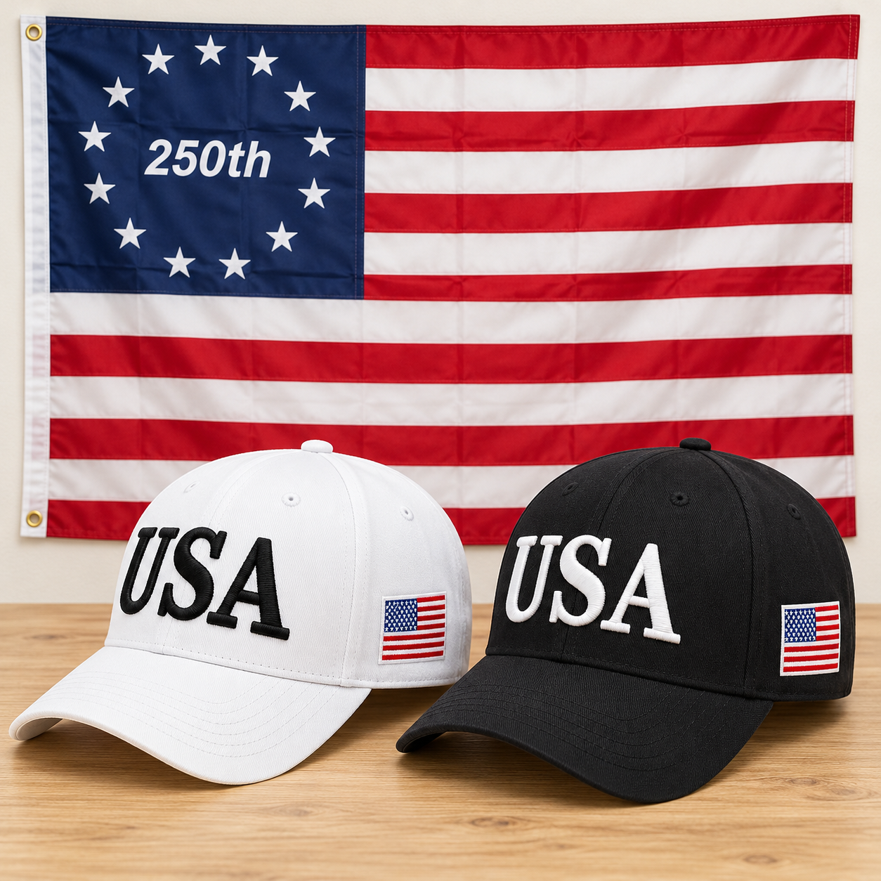 USA 250th Anniversary Cap gift set: White & Black hats with 3x5 Betsy Ross 250th Flag