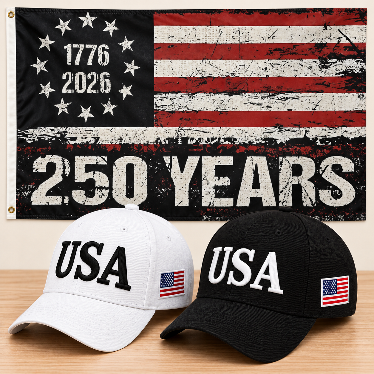 USA 250th Anniversary Cap gift set: White & Black hats with 3x5 250 Years Distressed Flag