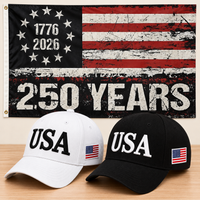 USA 250th Anniversary Cap gift set: White & Black hats with 3x5 250 Years Distressed Flag