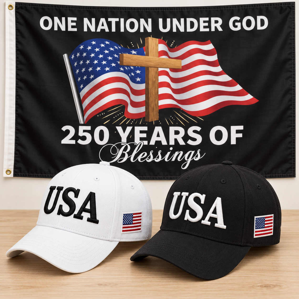 USA 250th Anniversary Cap gift set: White & Black hats with 3x5 One Nation Under God Flag
